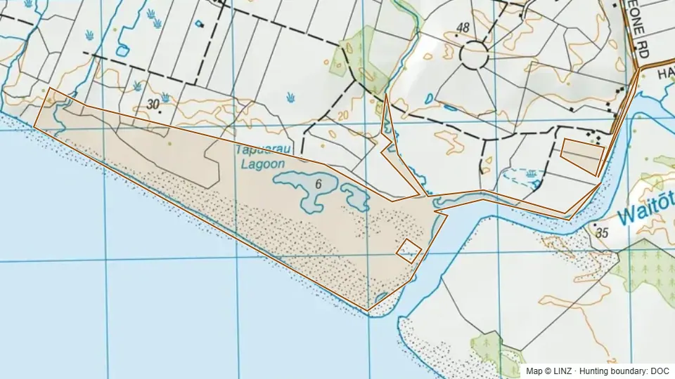 Topographic map of Tapuarau Lagoon Conservation Area in Taranaki, New Zealand, with the DOC hunting boundary outlined.