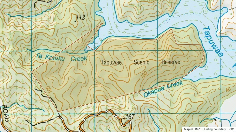 Topographic map of Tapuwae Scenic Reserve in Northland, New Zealand, with the DOC hunting boundary outlined.