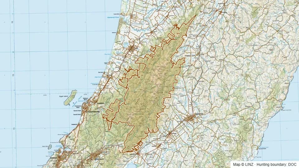 Topographic map of Tararua Forest Park in Wellington, New Zealand, with the DOC hunting boundary outlined.