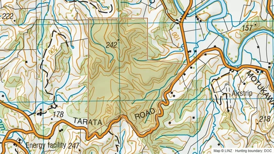 Topographic map of Tarata Conservation Area in Taranaki, New Zealand, with the DOC hunting boundary outlined.