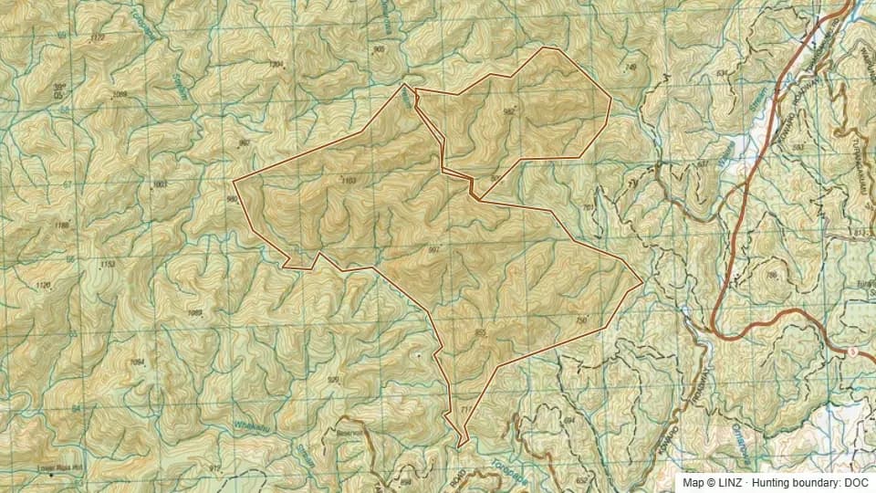 Topographic map of Tarawera Conservation Area in Hawke's Bay, New Zealand, with the DOC hunting boundary outlined.