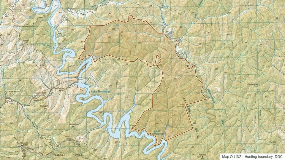 Topographic map of Tarere Conservation Area in Taranaki, New Zealand, with the DOC hunting boundary outlined.