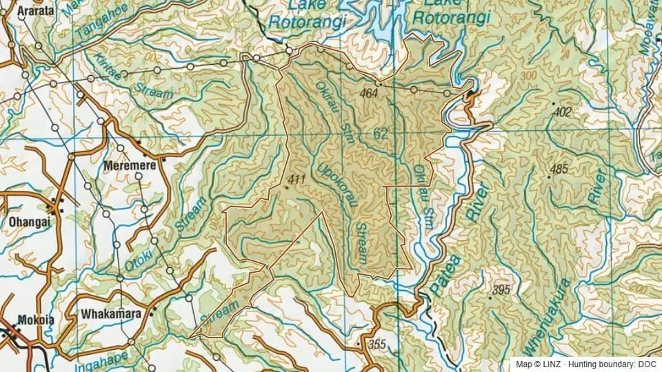 Topographic map of Tarere Conservation Area in Taranaki, New Zealand, with the DOC hunting boundary outlined.