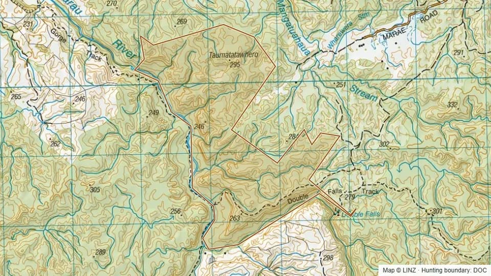 Topographic map of Taumatatawhero Ecological Area in Waikato, New Zealand, with the DOC hunting boundary outlined.