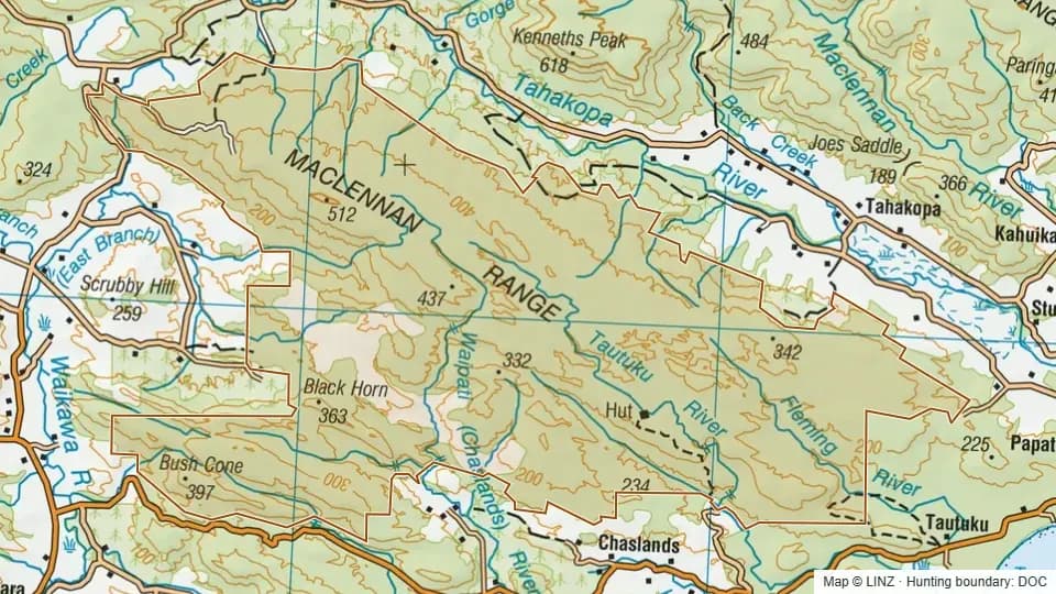 Topographic map of Tautuku Forest in Otago, New Zealand, with the DOC hunting boundary outlined.
