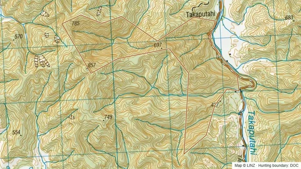 Topographic map of Te Atuahauta Scenic Reserve in Bay of Plenty, New Zealand, with the DOC hunting boundary outlined.
