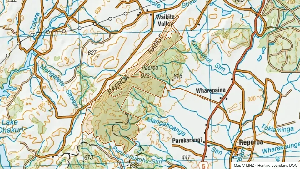 Topographic map of Te Kopia Scenic Reserve in Waikato, New Zealand, with the DOC hunting boundary outlined.