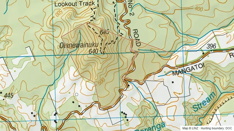 Topographic map of Te Matai Forest (contiguous with Otanewainuku Forest) in Bay of Plenty, New Zealand, with the DOC hunting boundary outlined.