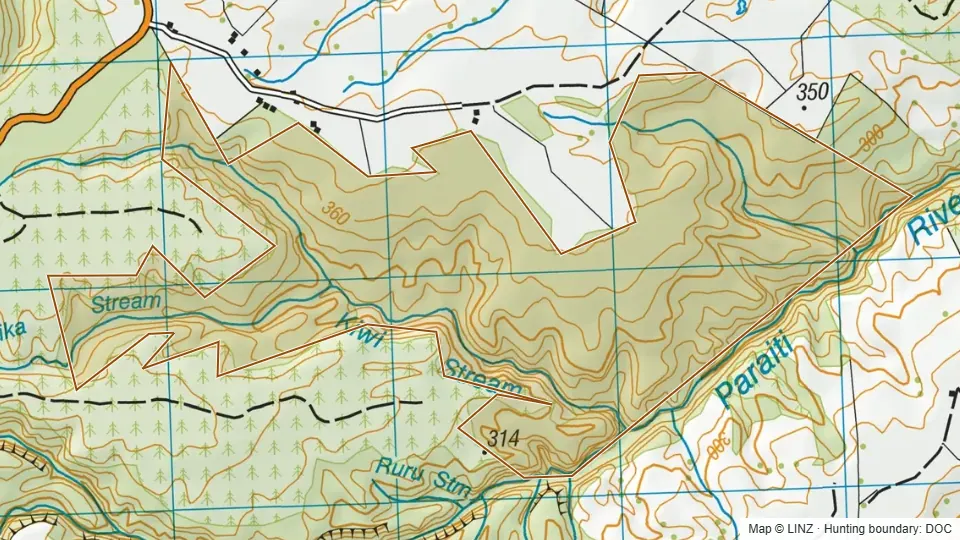Topographic map of Te Matai Forest (southern parcels) in Bay of Plenty, New Zealand, with the DOC hunting boundary outlined.