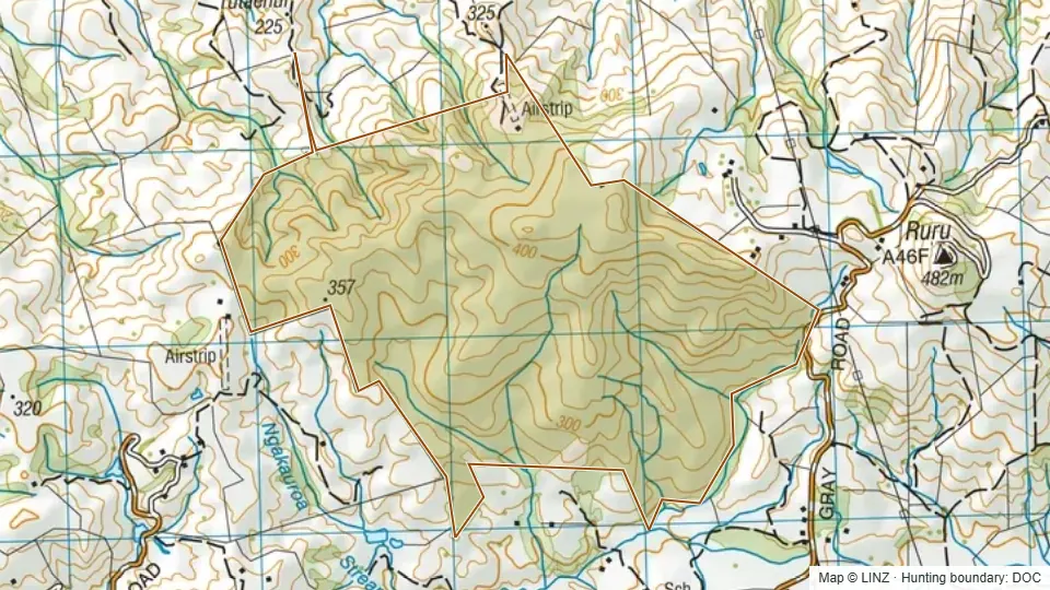Topographic map of Te Miro Scenic Reserve in Waikato, New Zealand, with the DOC hunting boundary outlined.