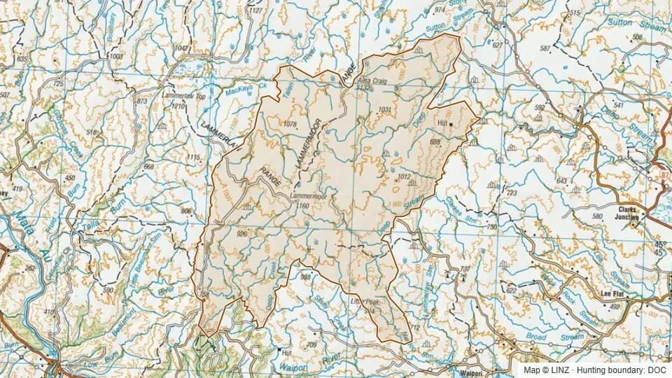 Topographic map of Te Papanui in Otago, New Zealand, with the DOC hunting boundary outlined.