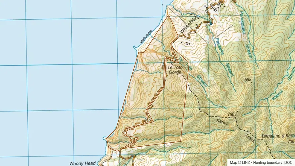 Topographic map of Te Toto Gorge Scenic Reserve in Waikato, New Zealand, with the DOC hunting boundary outlined.