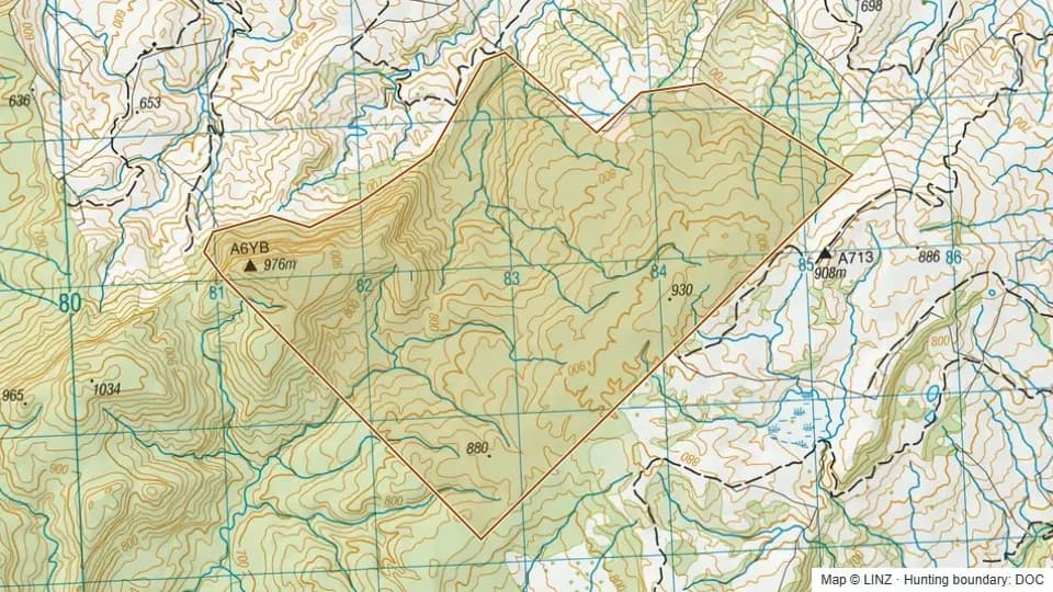 Topographic map of Te Wera Bush Conservation Area in Gisborne, New Zealand, with the DOC hunting boundary outlined.