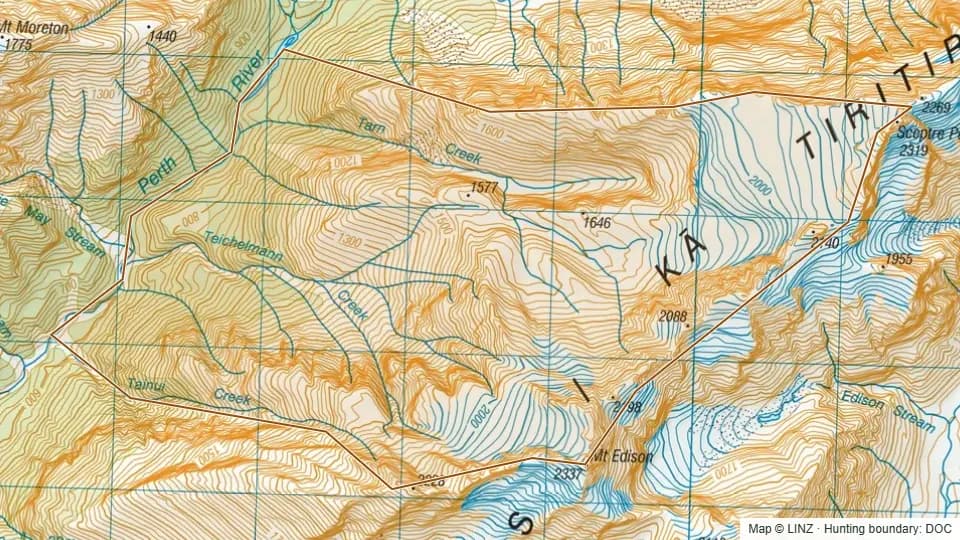 Topographic map of Teichelmann Creek in West Coast, New Zealand, with the DOC hunting boundary outlined.