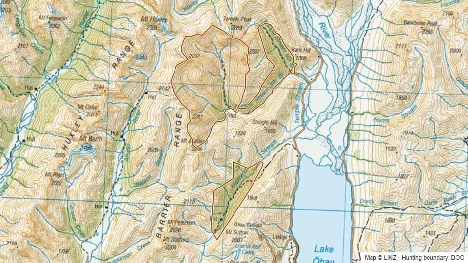 Topographic map of Temple - Maitland in Canterbury, New Zealand, with the DOC hunting boundary outlined.