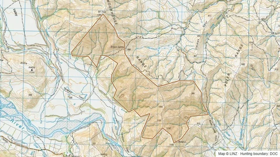 Topographic map of Tenehaun in Canterbury, New Zealand, with the DOC hunting boundary outlined.