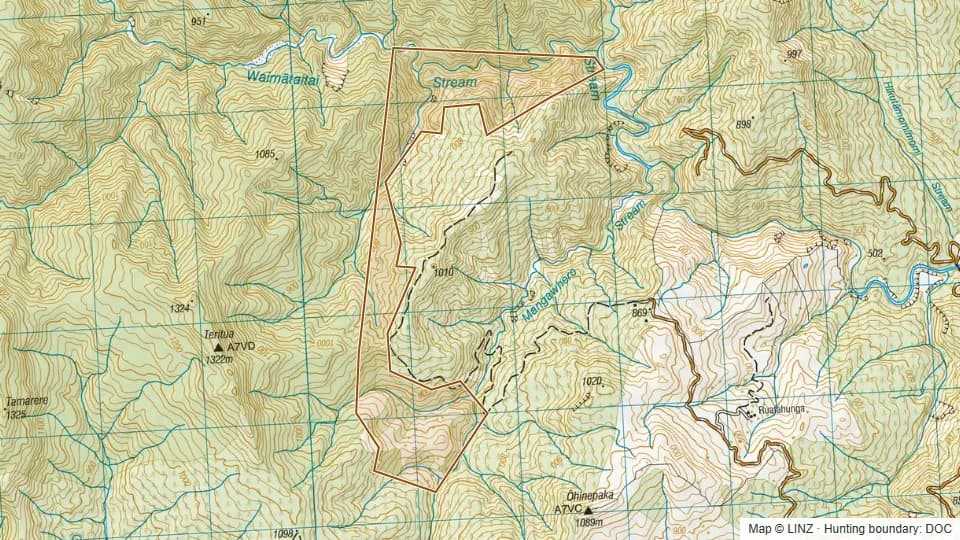 Topographic map of Teritua Conservation Area in Gisborne, New Zealand, with the DOC hunting boundary outlined.
