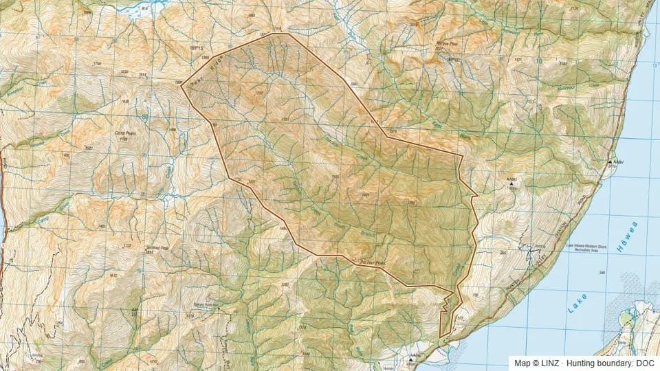 Topographic map of Terrace Creek in Otago, New Zealand, with the DOC hunting boundary outlined.