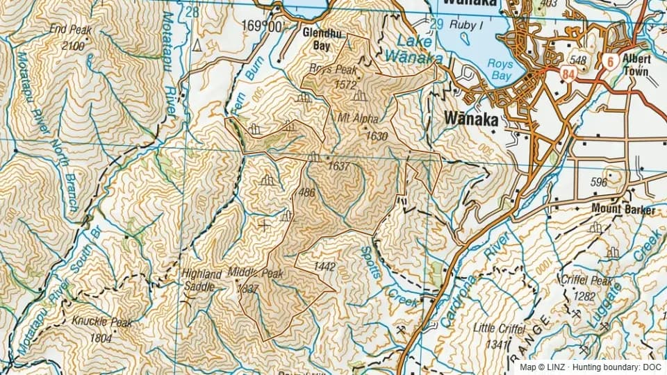Topographic map of The Stack Conservation Area in Otago, New Zealand, with the DOC hunting boundary outlined.