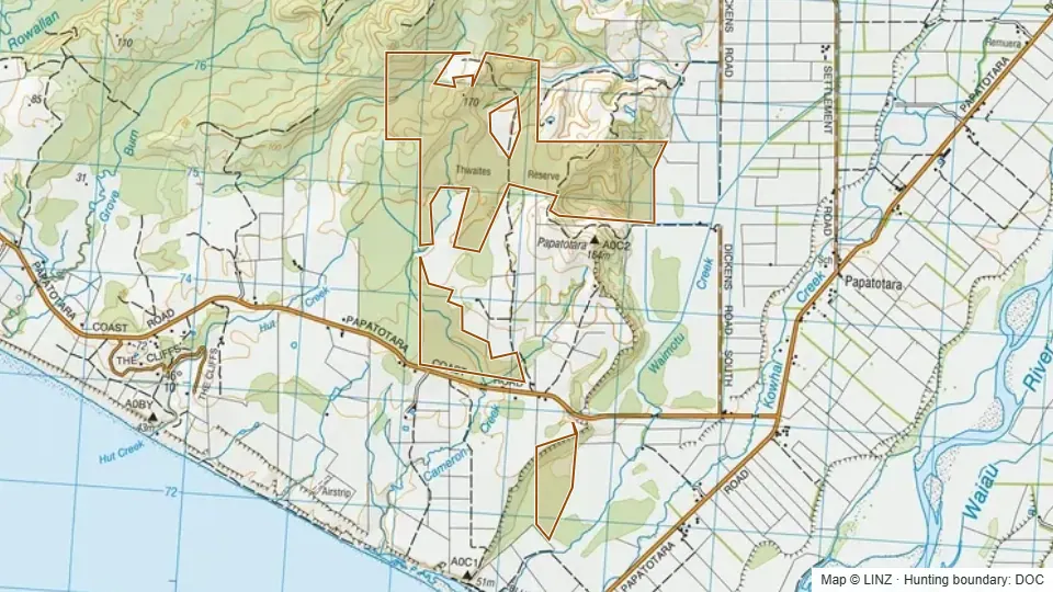 Topographic map of Thwaites Reserve in Southland, New Zealand, with the DOC hunting boundary outlined.