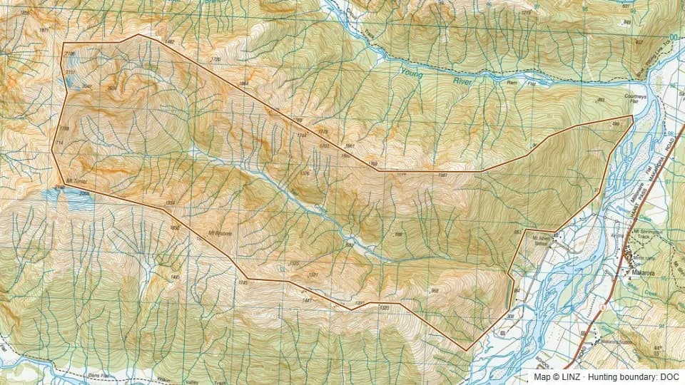 Topographic map of Tiel in Otago, New Zealand, with the DOC hunting boundary outlined.