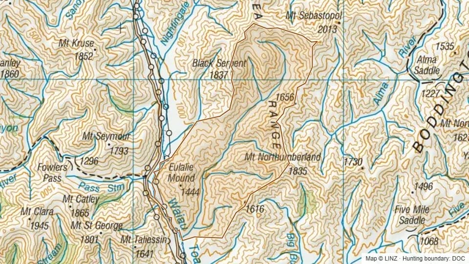 Topographic map of Timms in Canterbury, New Zealand, with the DOC hunting boundary outlined.