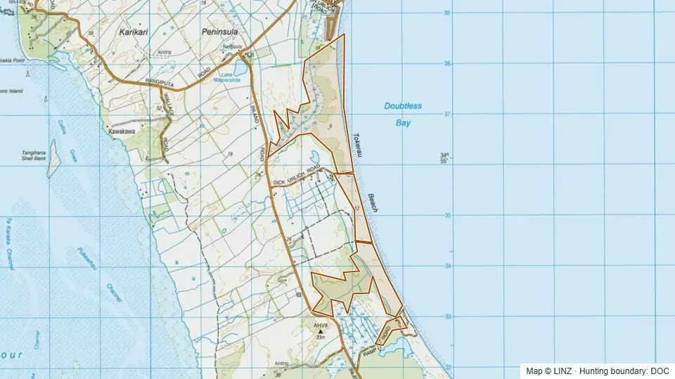 Topographic map of Tokerau Beach Conservation Area in Northland, New Zealand, with the DOC hunting boundary outlined.