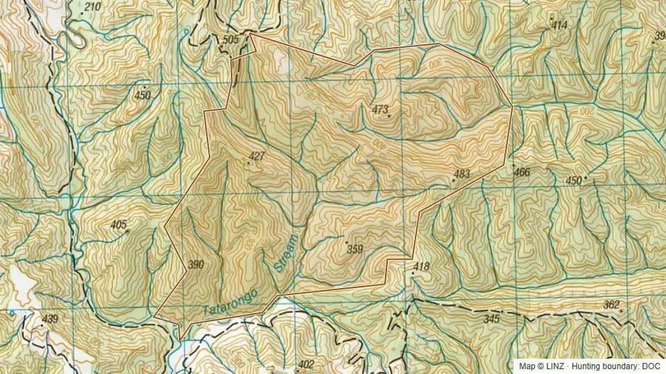 Topographic map of Tokomaru East Block Conservation Area in Manawatu-Wanganui, New Zealand, with the DOC hunting boundary outlined.