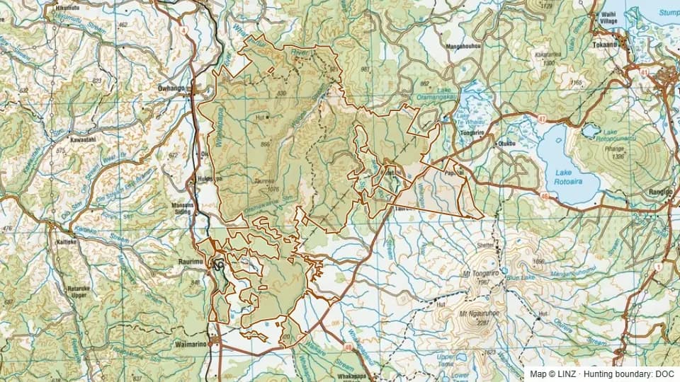 Topographic map of Tongariro Conservation Area in Manawatu-Wanganui, New Zealand, with the DOC hunting boundary outlined.