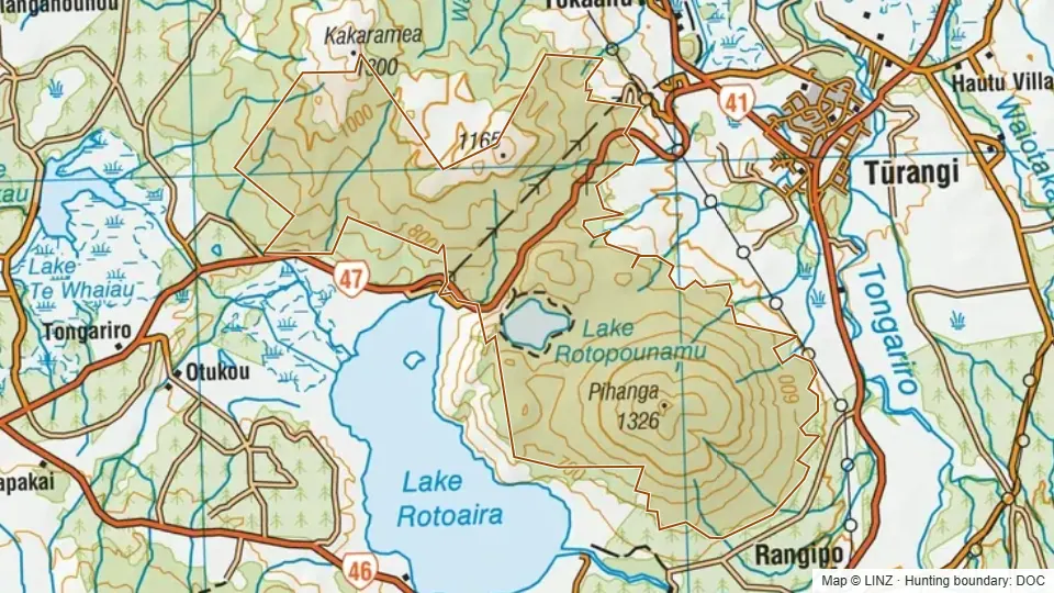 Topographic map of Tongariro National Park (Part2) in Waikato, New Zealand, with the DOC hunting boundary outlined.