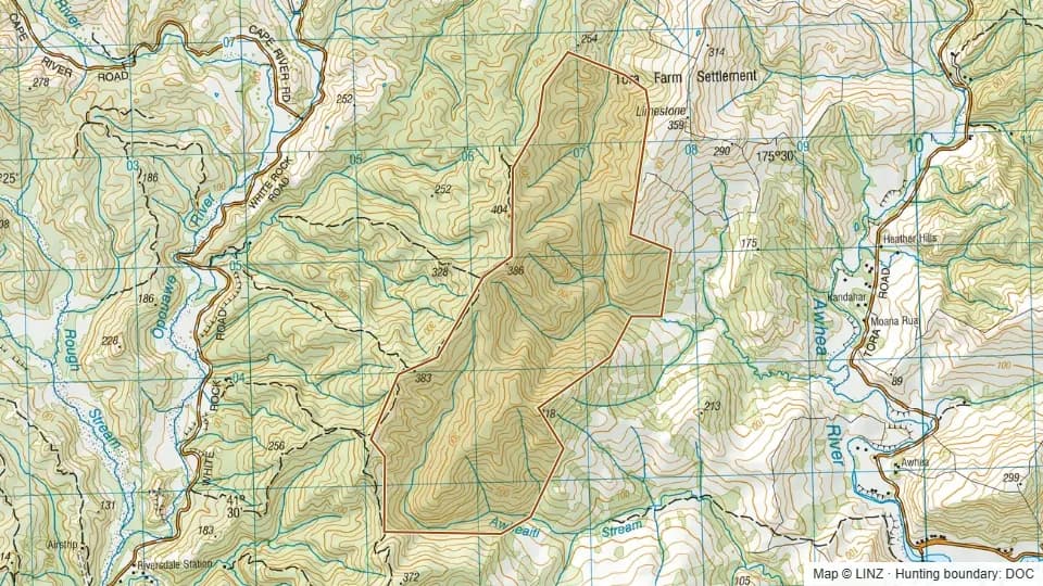 Topographic map of Tora Bush Scenic Reserve in Wellington, New Zealand, with the DOC hunting boundary outlined.