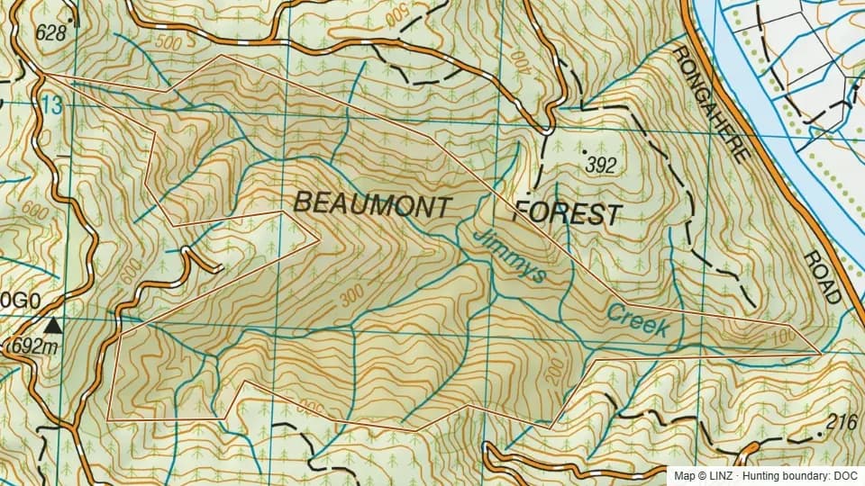 Topographic map of Tramway - Blue Mountains in Otago, New Zealand, with the DOC hunting boundary outlined.