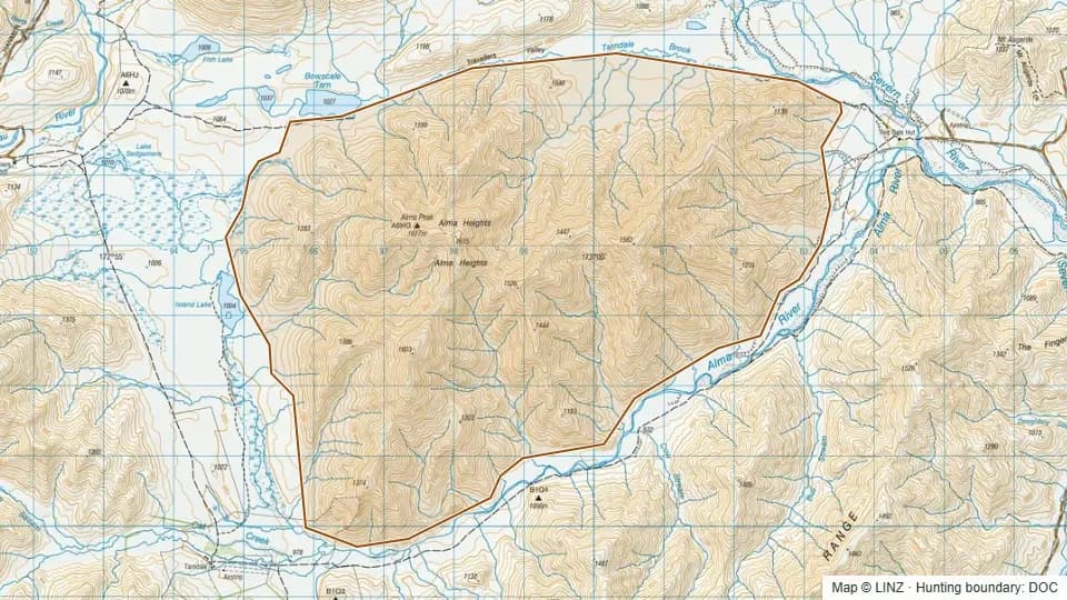 Topographic map of Travellers in Marlborough, New Zealand, with the DOC hunting boundary outlined.