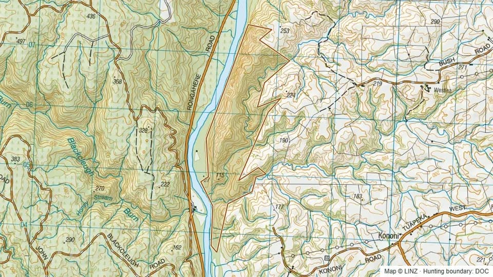 Topographic map of Tuapeka West in Otago, New Zealand, with the DOC hunting boundary outlined.