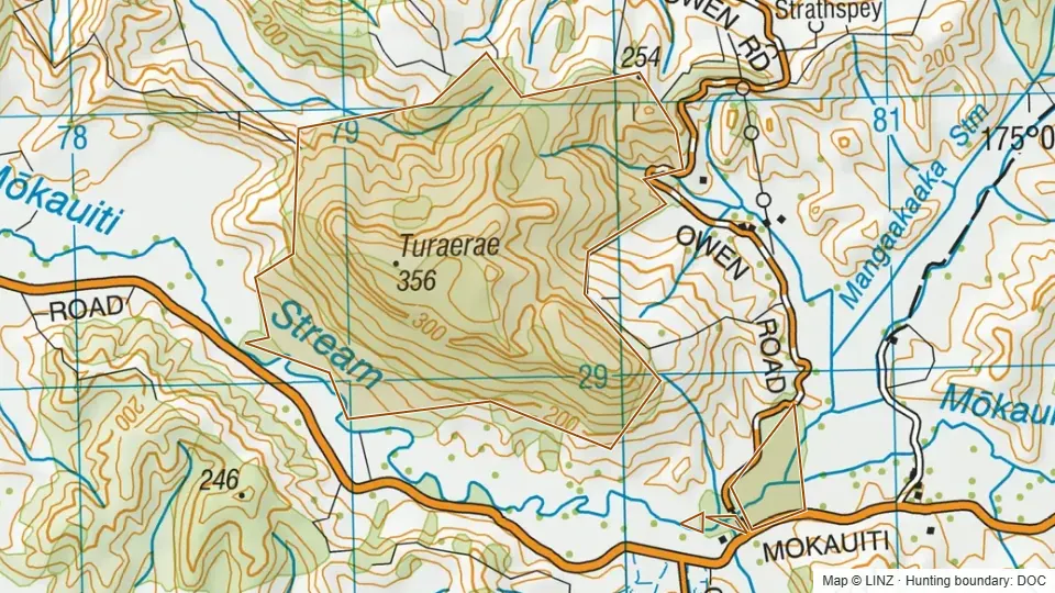 Topographic map of Turaerae Scenic Reserve in Waikato, New Zealand, with the DOC hunting boundary outlined.