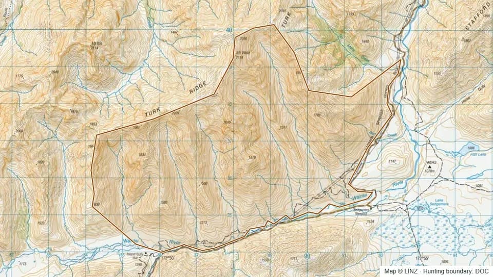 Topographic map of Turks in Marlborough, New Zealand, with the DOC hunting boundary outlined.