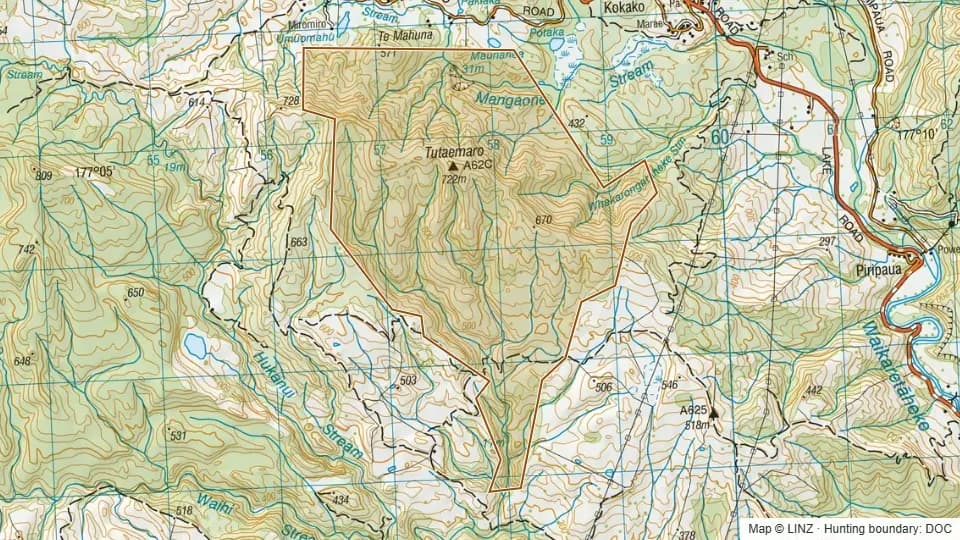 Topographic map of Tutaemaro Conservation Area in Hawke's Bay, New Zealand, with the DOC hunting boundary outlined.