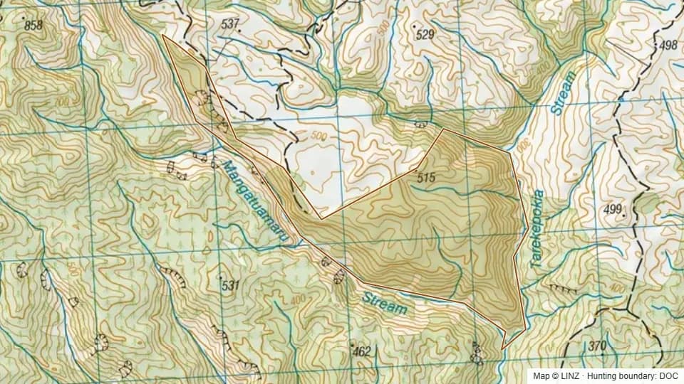 Topographic map of Tutamoe Conservation Area in Gisborne, New Zealand, with the DOC hunting boundary outlined.
