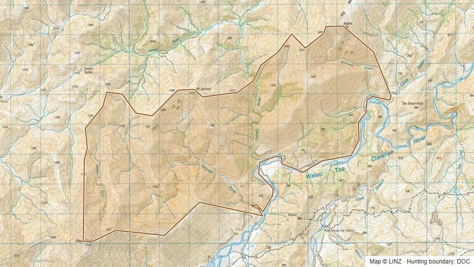 Topographic map of Tweed in Marlborough, New Zealand, with the DOC hunting boundary outlined.