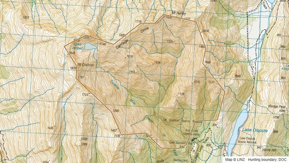 Topographic map of Twelve Mile Creek in Otago, New Zealand, with the DOC hunting boundary outlined.
