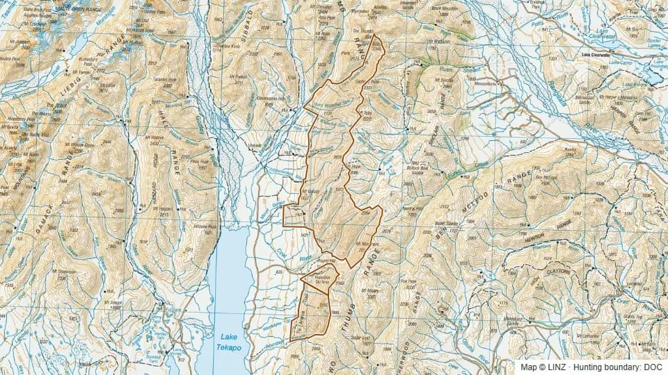 Topographic map of Two Thumb Range in Canterbury, New Zealand, with the DOC hunting boundary outlined.