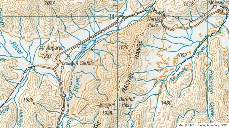 Topographic map of Upper Acheron in Marlborough, New Zealand, with the DOC hunting boundary outlined.