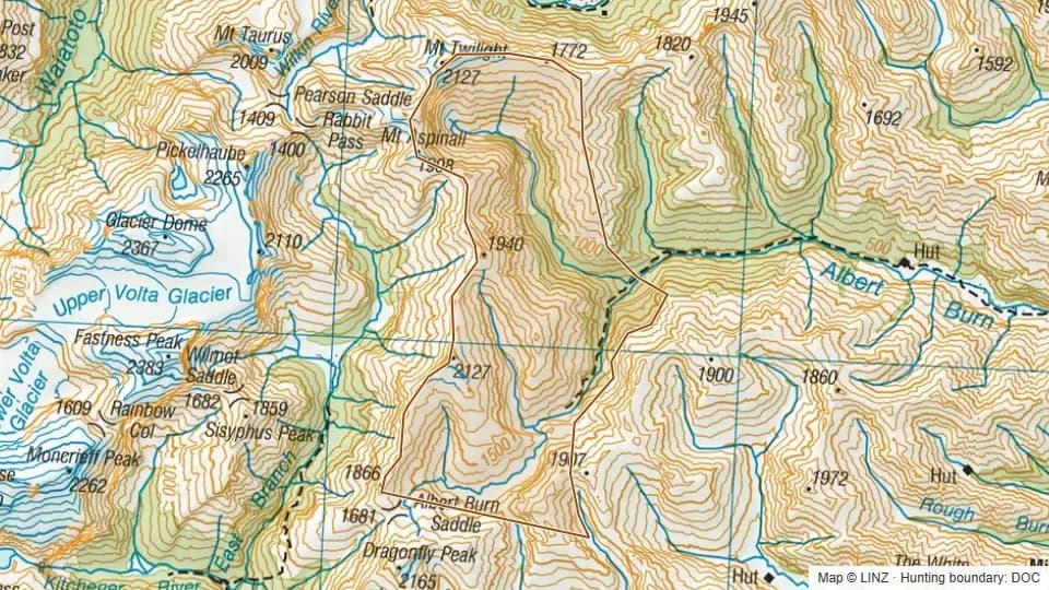 Topographic map of Upper Albert Burn in Otago, New Zealand, with the DOC hunting boundary outlined.