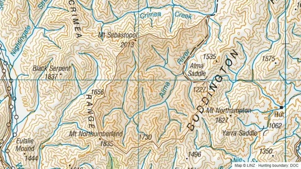 Topographic map of Upper Alma in Marlborough, New Zealand, with the DOC hunting boundary outlined.