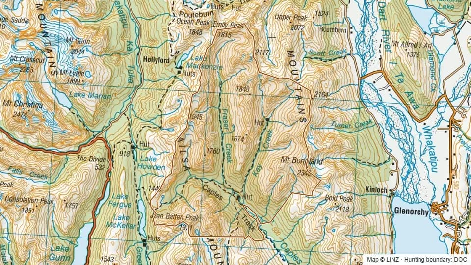 Topographic map of Upper Caples RHA in Otago, New Zealand, with the DOC hunting boundary outlined.