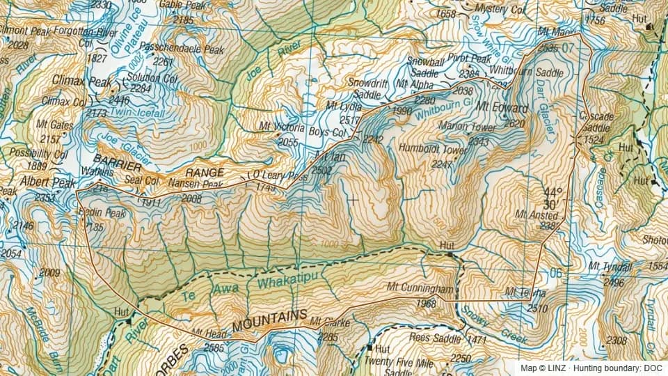 Topographic map of Upper Dart in Otago, New Zealand, with the DOC hunting boundary outlined.