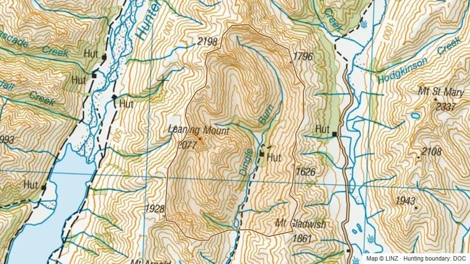 Topographic map of Upper Dingle in Otago, New Zealand, with the DOC hunting boundary outlined.