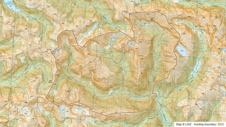 Topographic map of Upper Glaisnock in Southland, New Zealand, with the DOC hunting boundary outlined.