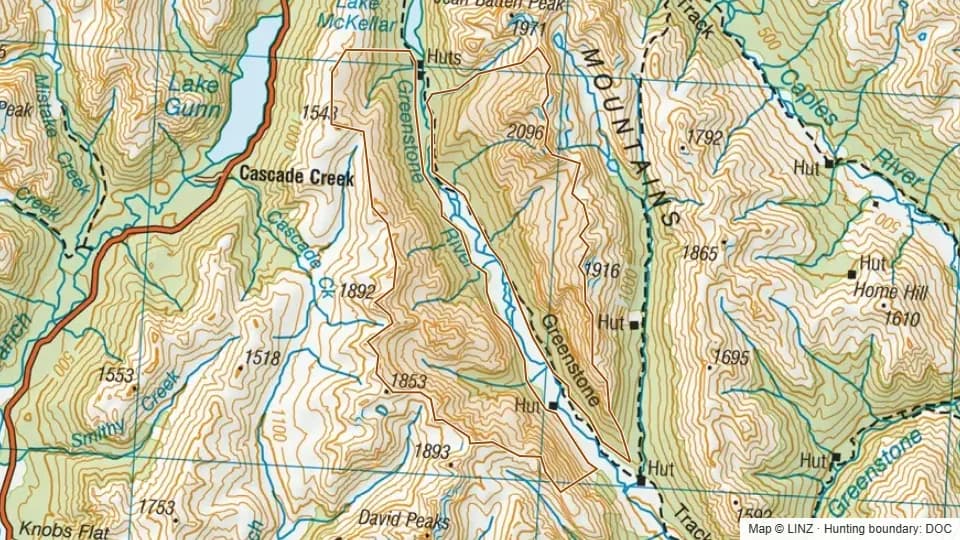 Topographic map of Upper Greenstone RHA in Otago, New Zealand, with the DOC hunting boundary outlined.