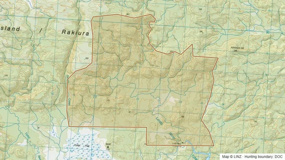 Topographic map of Upper Lords River in Southland, New Zealand, with the DOC hunting boundary outlined.